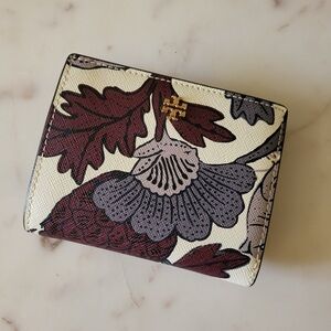 Tory Burch Cream and Red Wallet Artistic Floral Design